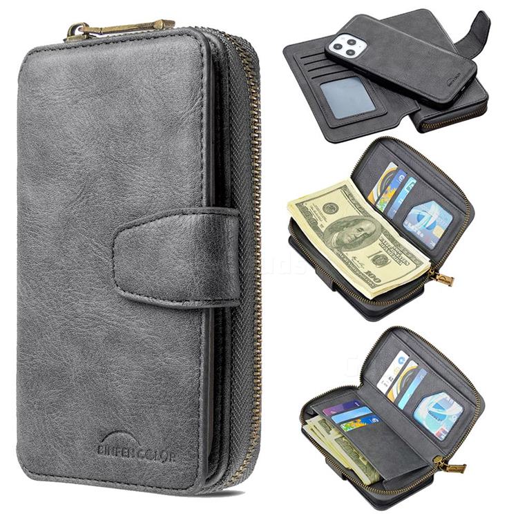 Binfen Color Retro Buckle Zipper Multifunction Leather Phone Wallet for iPhone 12 Pro Max (6.7 inch) - Gray