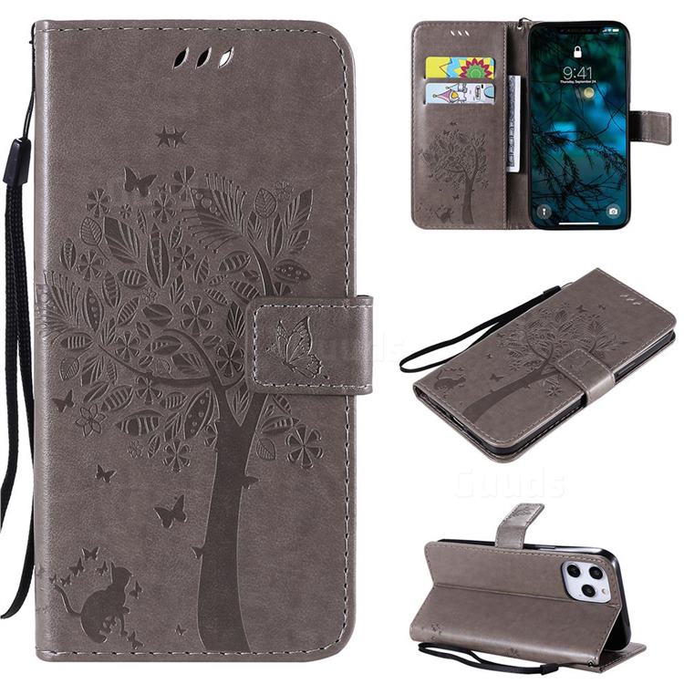 Embossing Butterfly Tree Leather Wallet Case for iPhone 12 Pro Max (6.7 inch) - Grey