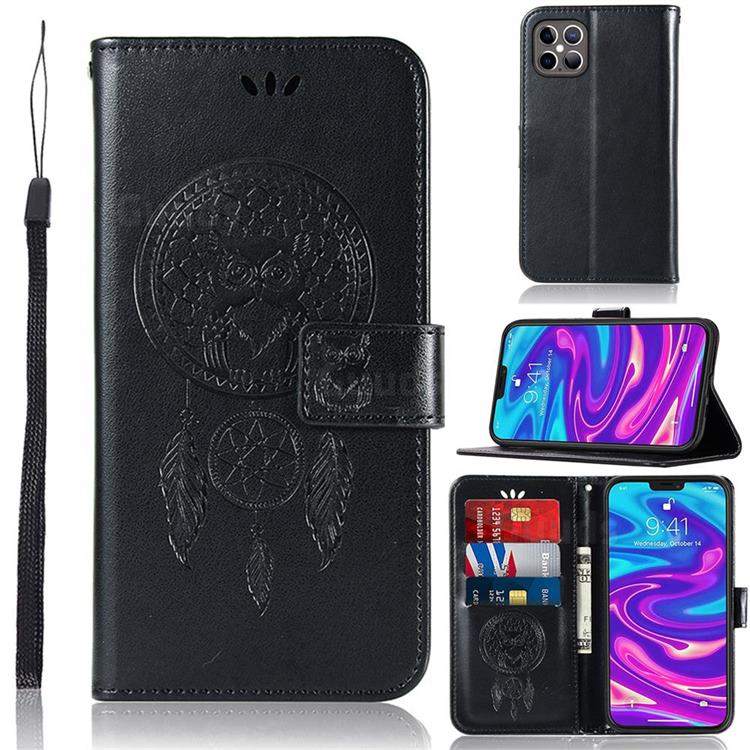 Intricate Embossing Owl Campanula Leather Wallet Case for iPhone 12 Pro Max (6.7 inch) - Black