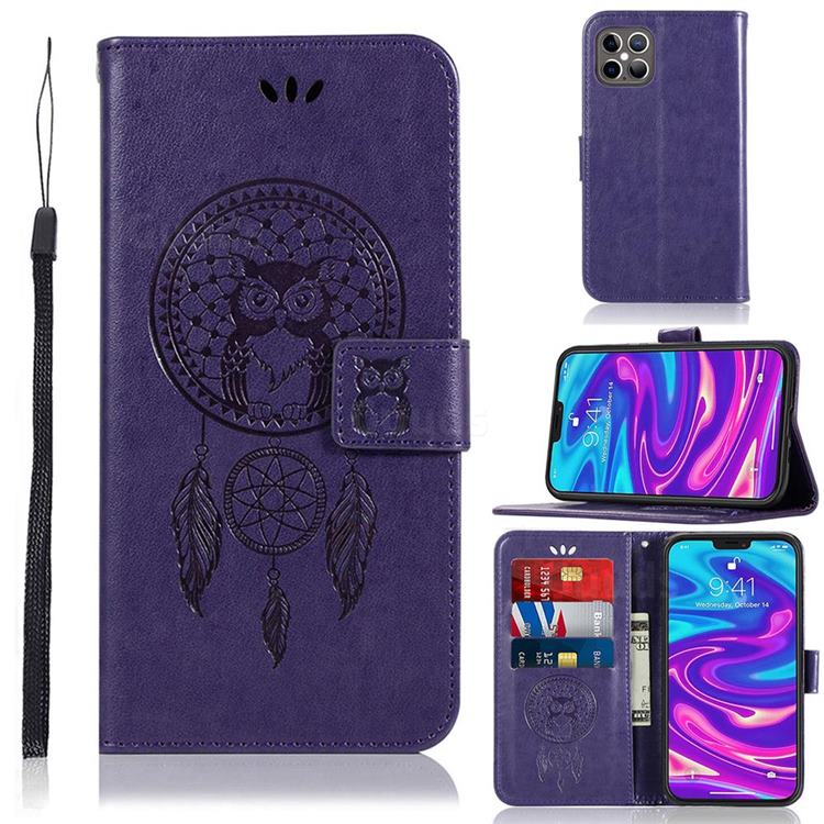 Intricate Embossing Owl Campanula Leather Wallet Case for iPhone 12 Pro Max (6.7 inch) - Purple