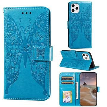 Intricate Embossing Rose Flower Butterfly Leather Wallet Case for iPhone 12 Pro Max (6.7 inch) - Blue