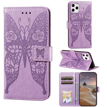 Intricate Embossing Rose Flower Butterfly Leather Wallet Case for iPhone 12 Pro Max (6.7 inch) - Purple