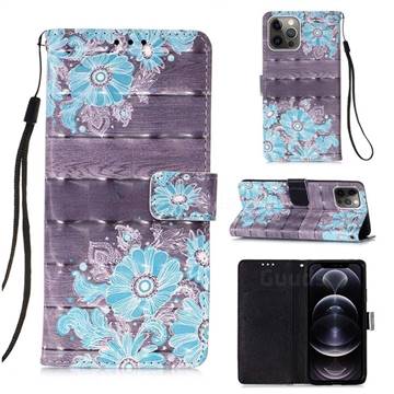 Blue Flower 3D Painted Leather Wallet Case for iPhone 12 Pro Max (6.7 inch)