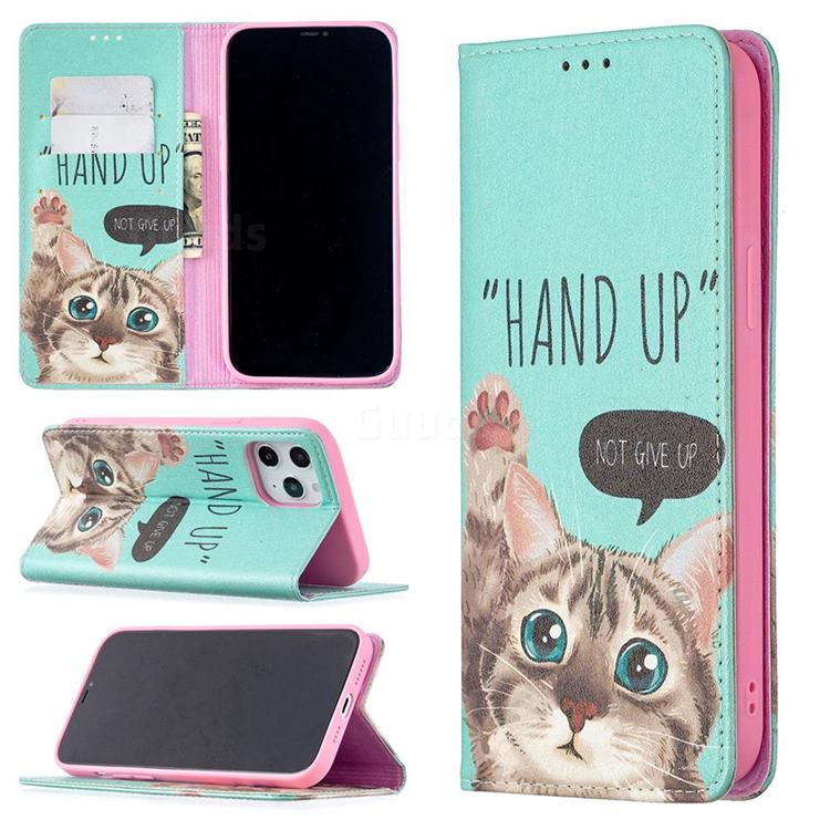 Hand Up Cat Slim Magnetic Attraction Wallet Flip Cover for iPhone 12 Pro Max (6.7 inch)