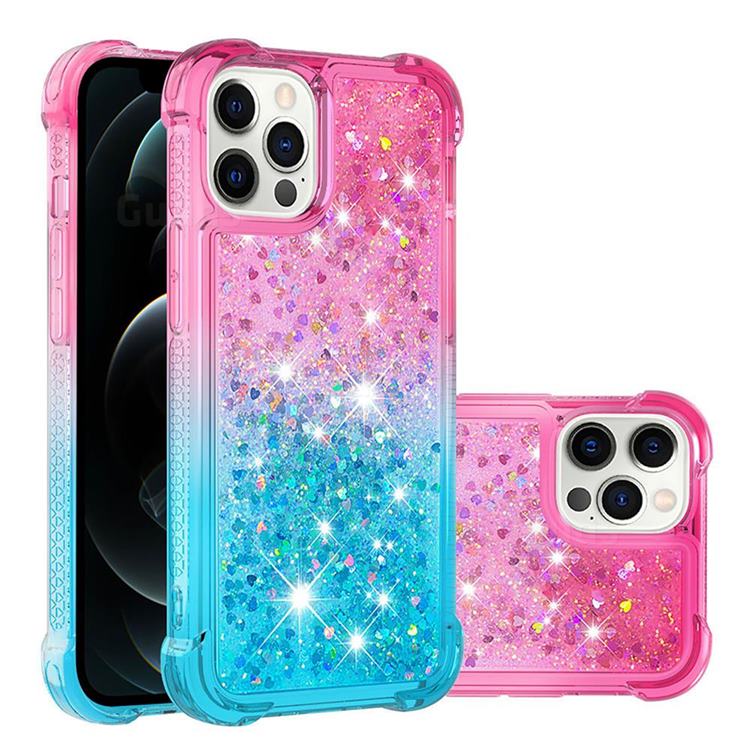 Rainbow Gradient Liquid Glitter Quicksand Sequins Phone Case for iPhone 12 Pro Max (6.7 inch) - Pink Blue