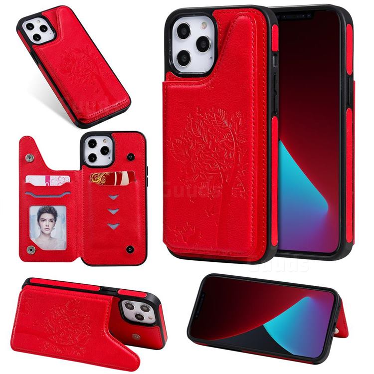 Luxury Tree and Cat Multifunction Magnetic Card Slots Stand Leather Phone Back Cover for iPhone 12 Pro Max (6.7 inch) - Red