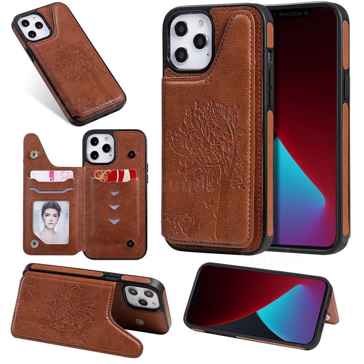 Luxury Tree and Cat Multifunction Magnetic Card Slots Stand Leather Phone Back Cover for iPhone 12 Pro Max (6.7 inch) - Brown