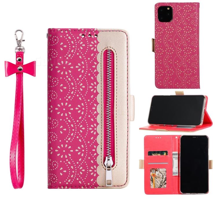 Luxury Lace Zipper Stitching Leather Phone Wallet Case for iPhone 12 Pro Max (6.7 inch) - Rose