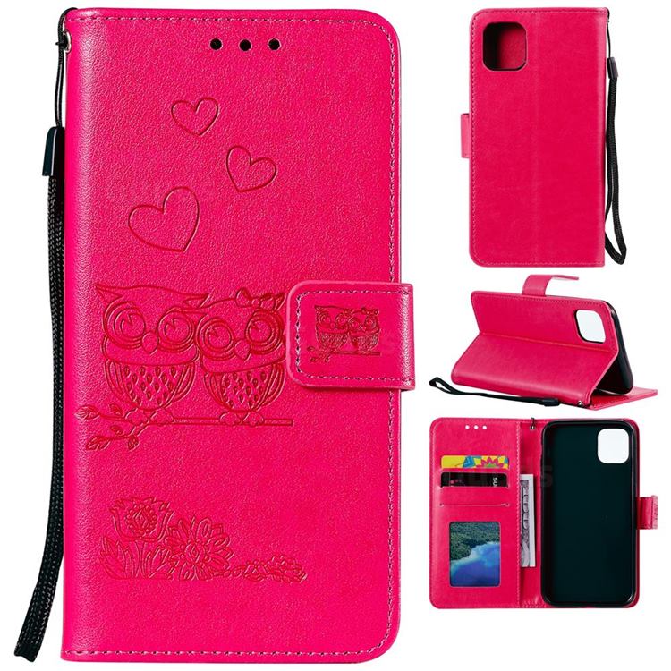 Embossing Owl Couple Flower Leather Wallet Case for iPhone 12 Pro Max (6.7 inch) - Red