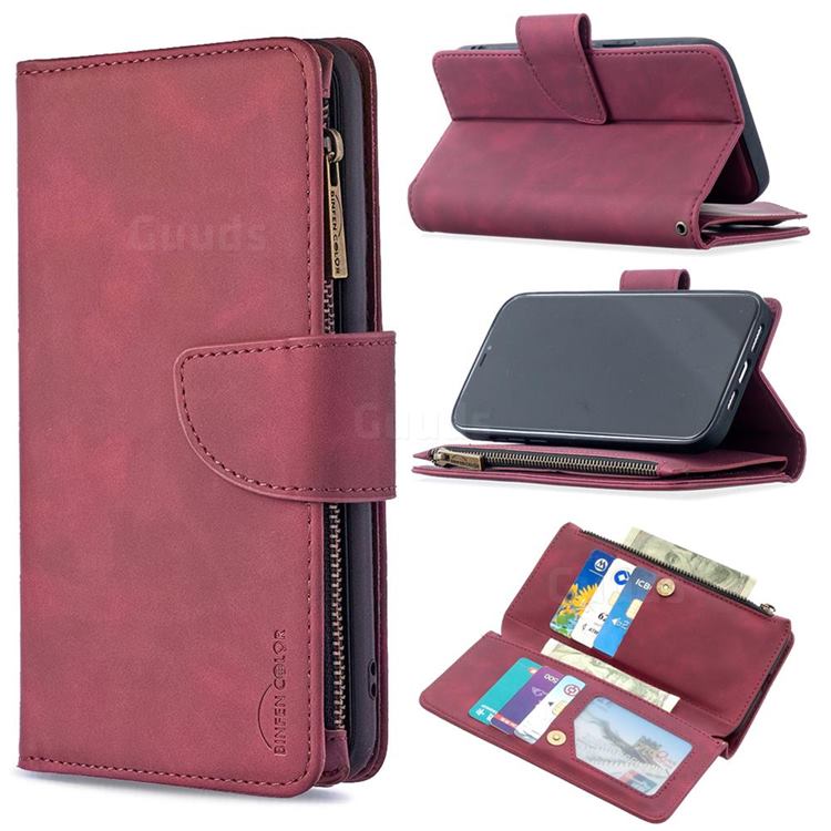 Binfen Color BF02 Sensory Buckle Zipper Multifunction Leather Phone Wallet for iPhone 12 Pro Max (6.7 inch) - Red Wine