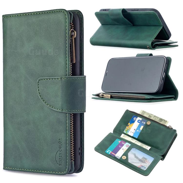 Binfen Color BF02 Sensory Buckle Zipper Multifunction Leather Phone Wallet for iPhone 12 Pro Max (6.7 inch) - Dark Green