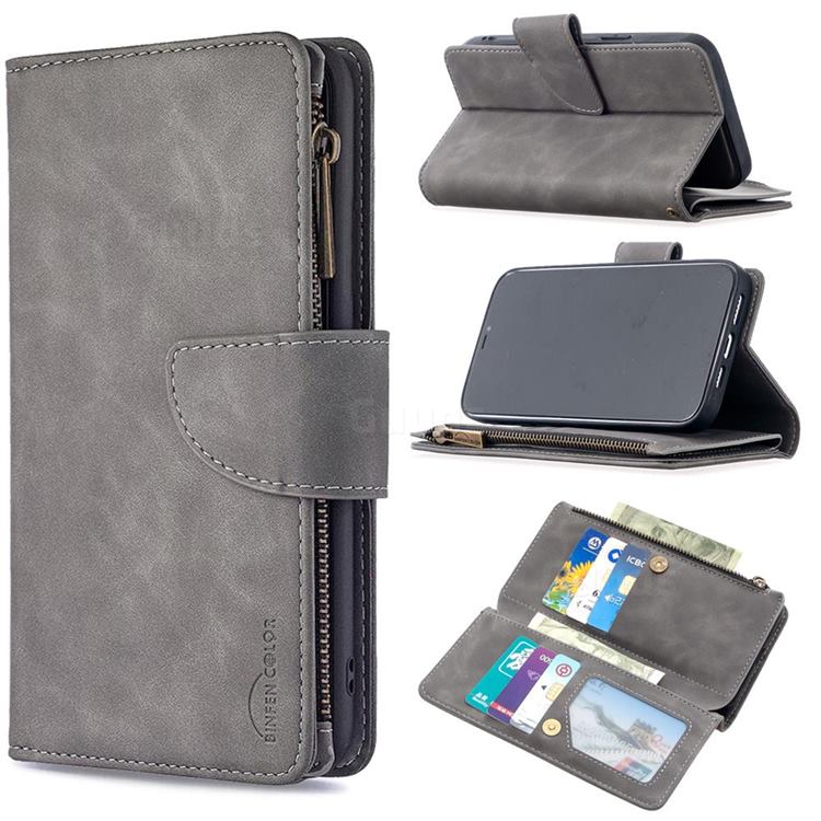 Binfen Color BF02 Sensory Buckle Zipper Multifunction Leather Phone Wallet for iPhone 12 Pro Max (6.7 inch) - Gray