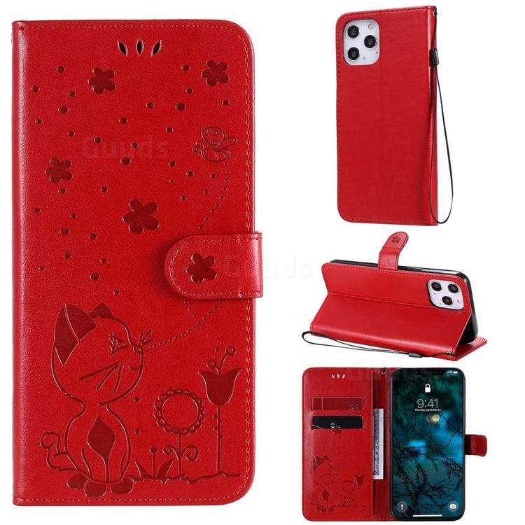 Embossing Bee and Cat Leather Wallet Case for iPhone 12 Pro Max (6.7 inch) - Red