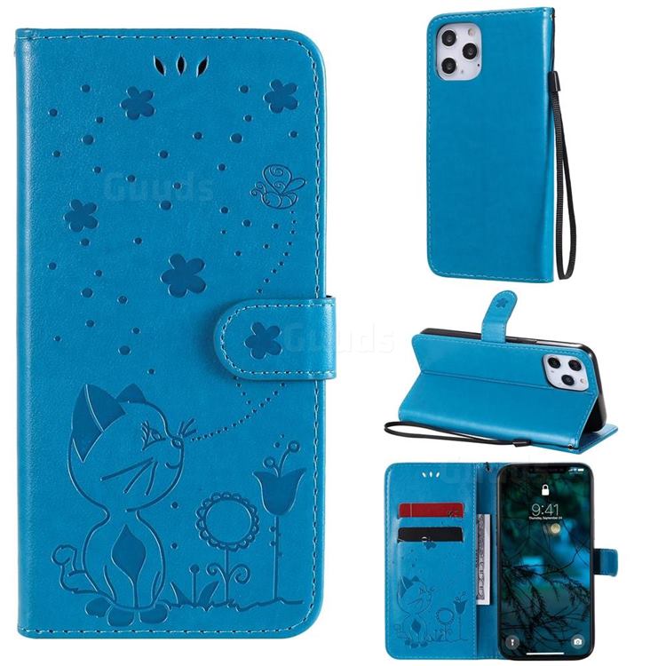 Embossing Bee and Cat Leather Wallet Case for iPhone 12 Pro Max (6.7 inch) - Blue