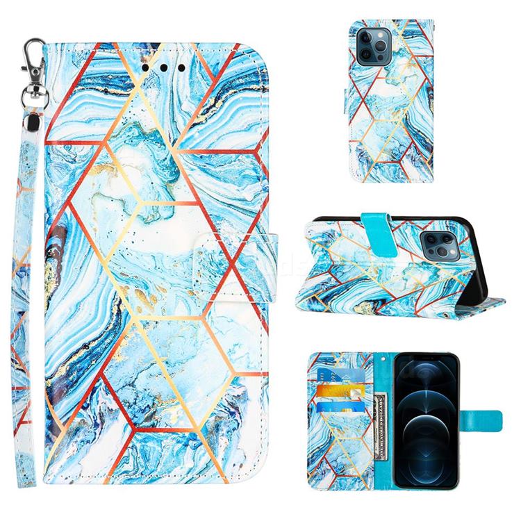 Lake Blue Stitching Color Marble Leather Wallet Case for iPhone 12 Pro Max (6.7 inch)