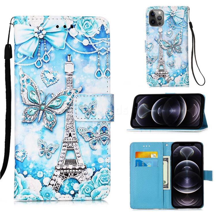 Tower Butterfly Matte Leather Wallet Phone Case for iPhone 12 Pro Max (6.7 inch)