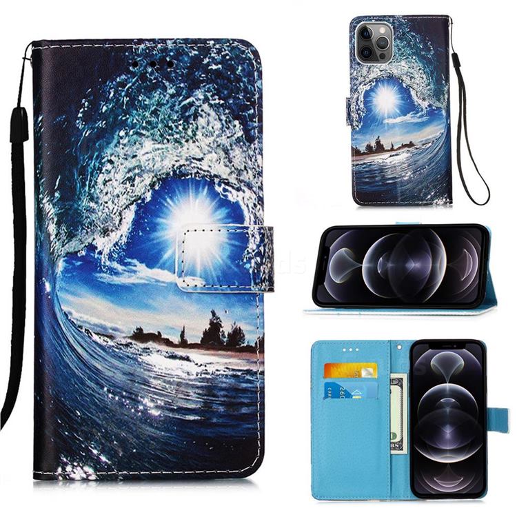 Waves and Sun Matte Leather Wallet Phone Case for iPhone 12 Pro Max (6.7 inch)