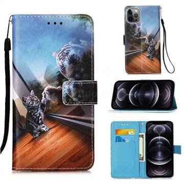 Mirror Cat Matte Leather Wallet Phone Case for iPhone 12 Pro Max (6.7 inch)