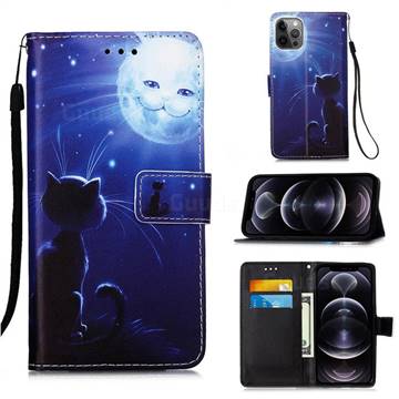 Cat and Moon Matte Leather Wallet Phone Case for iPhone 12 Pro Max (6.7 inch)