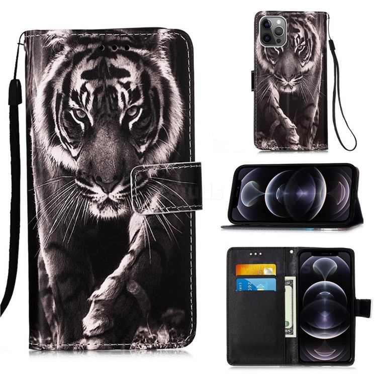 Black and White Tiger Matte Leather Wallet Phone Case for iPhone 12 Pro Max (6.7 inch)