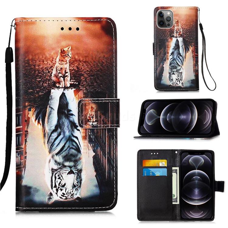 Cat and Tiger Matte Leather Wallet Phone Case for iPhone 12 Pro Max (6.7 inch)