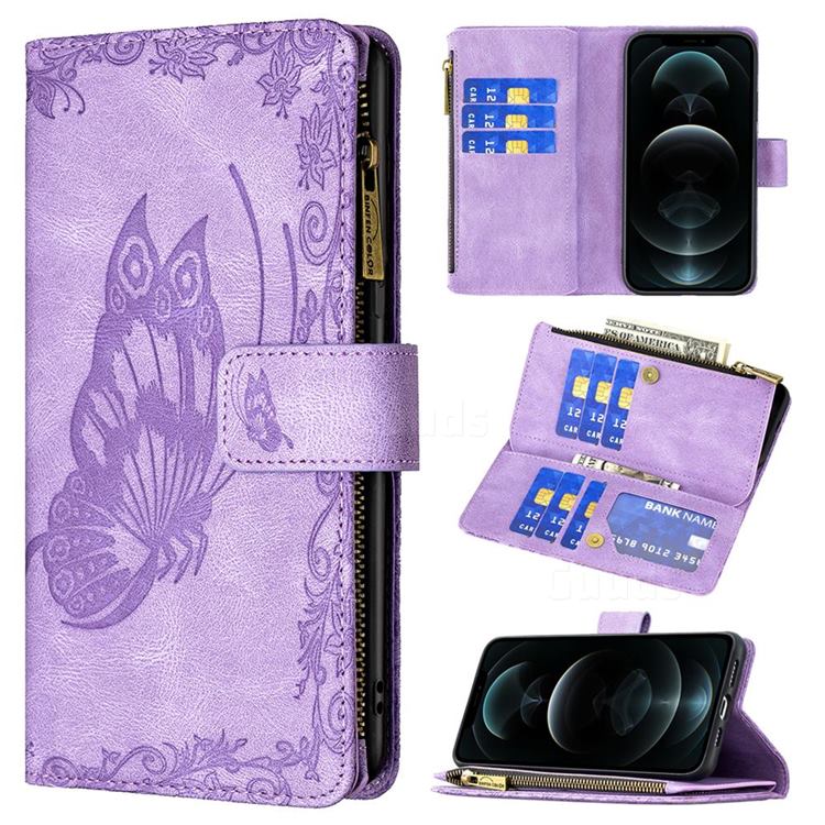 Binfen Color Imprint Vivid Butterfly Buckle Zipper Multi-function Leather Phone Wallet for iPhone 12 Pro Max (6.7 inch) - Purple