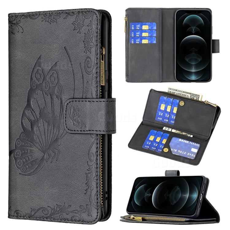 Binfen Color Imprint Vivid Butterfly Buckle Zipper Multi-function Leather Phone Wallet for iPhone 12 Pro Max (6.7 inch) - Black
