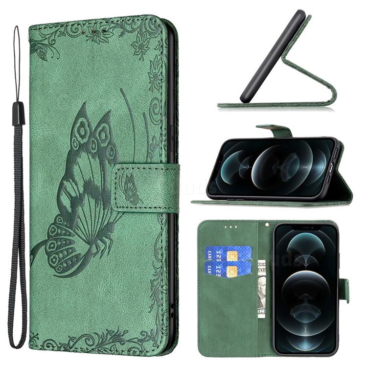 Binfen Color Imprint Vivid Butterfly Leather Wallet Case for iPhone 12 Pro Max (6.7 inch) - Green