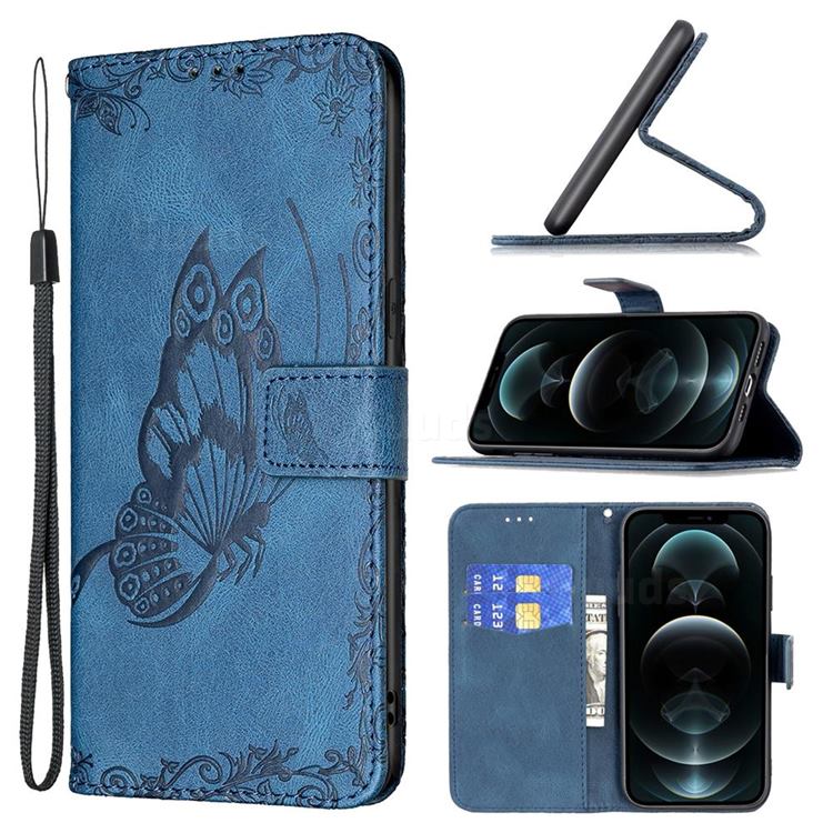Binfen Color Imprint Vivid Butterfly Leather Wallet Case for iPhone 12 Pro Max (6.7 inch) - Blue