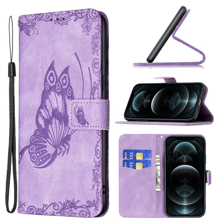 Binfen Color Imprint Vivid Butterfly Leather Wallet Case for iPhone 12 Pro Max (6.7 inch) - Purple