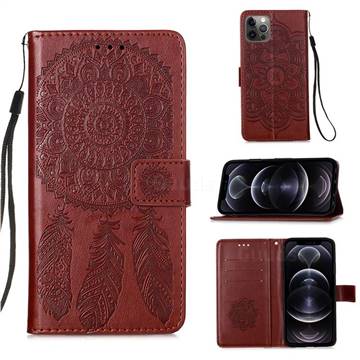 Embossing Dream Catcher Mandala Flower Leather Wallet Case for iPhone 12 Pro Max (6.7 inch) - Brown