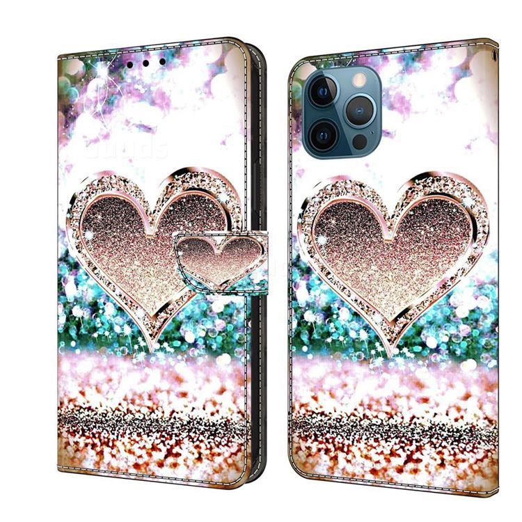 Pink Diamond Heart Crystal PU Leather Protective Wallet Case Cover for iPhone 12 Pro Max (6.7 inch)