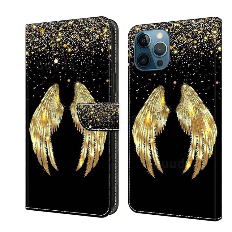 Golden Angel Wings Crystal PU Leather Protective Wallet Case Cover for iPhone 12 Pro Max (6.7 inch)