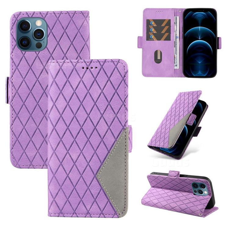 Grid Pattern Splicing Protective Wallet Case Cover for iPhone 12 Pro Max (6.7 inch) - Purple