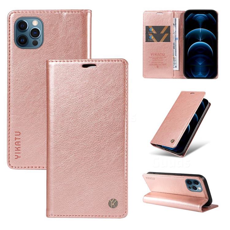 YIKATU Litchi Card Magnetic Automatic Suction Leather Flip Cover for iPhone 12 Pro Max (6.7 inch) - Rose Gold