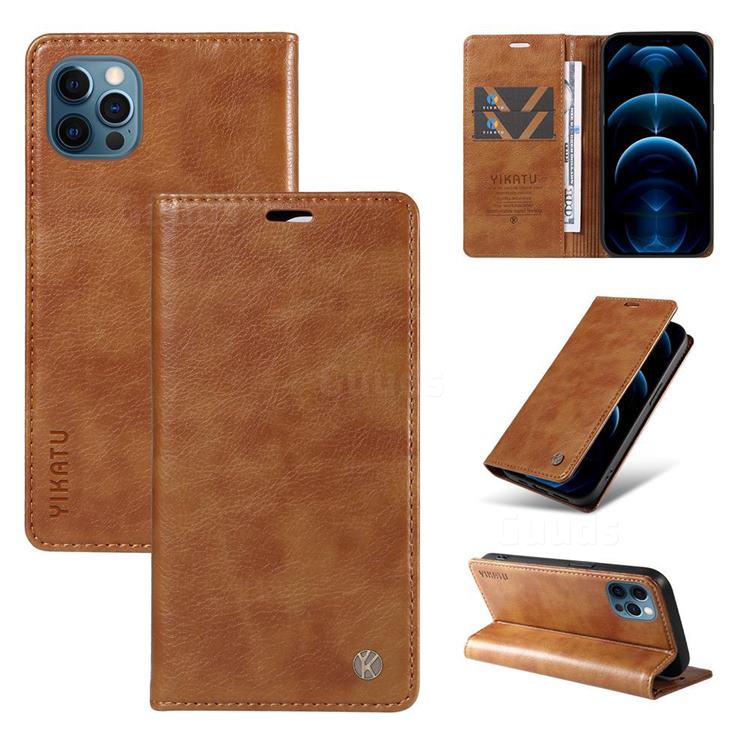 YIKATU Litchi Card Magnetic Automatic Suction Leather Flip Cover for iPhone 12 Pro Max (6.7 inch) - Brown
