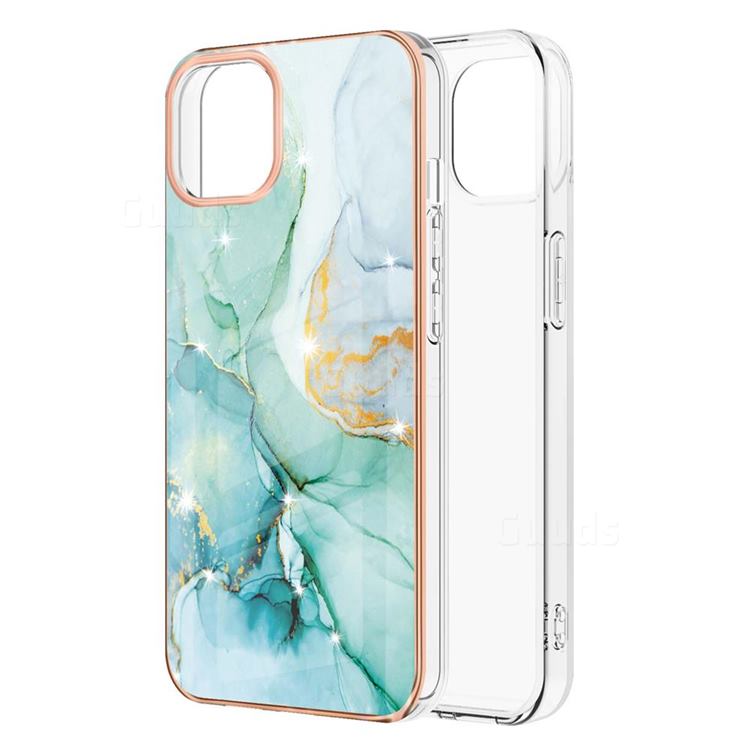 Green Silk Electroplated Gold Frame 2.0 Thickness Plating Marble IMD Soft Back Cover for iPhone 13 (6.1 inch)