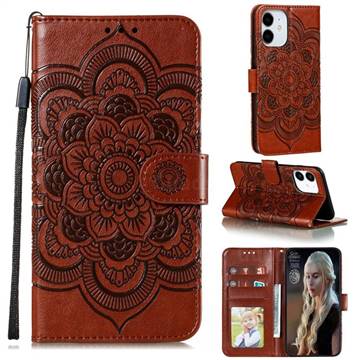 Intricate Embossing Datura Solar Leather Wallet Case for iPhone 13 (6.1 inch) - Brown