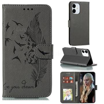Intricate Embossing Lychee Feather Bird Leather Wallet Case for iPhone 13 (6.1 inch) - Gray