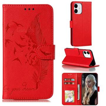 Intricate Embossing Lychee Feather Bird Leather Wallet Case for iPhone 13 (6.1 inch) - Red