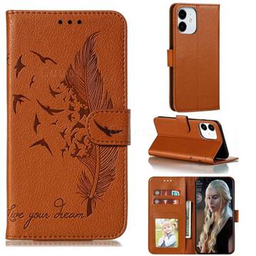 Intricate Embossing Lychee Feather Bird Leather Wallet Case for iPhone 13 (6.1 inch) - Brown