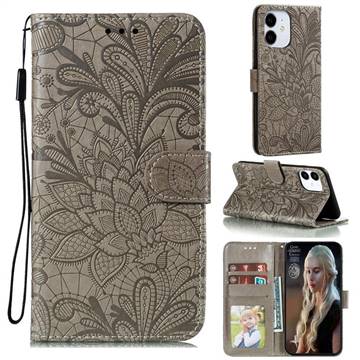 Intricate Embossing Lace Jasmine Flower Leather Wallet Case for iPhone 13 (6.1 inch) - Gray