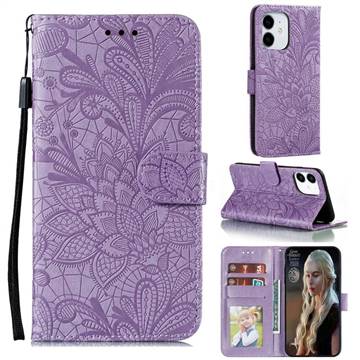 Intricate Embossing Lace Jasmine Flower Leather Wallet Case for iPhone 13 (6.1 inch) - Purple