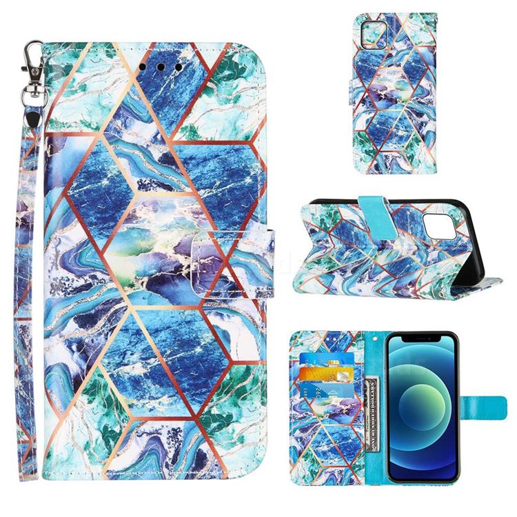 Green and Blue Stitching Color Marble Leather Wallet Case for iPhone 13 (6.1 inch)