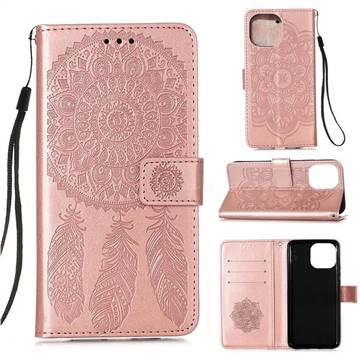 Embossing Dream Catcher Mandala Flower Leather Wallet Case for iPhone 13 (6.1 inch) - Rose Gold