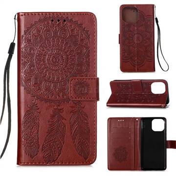 Embossing Dream Catcher Mandala Flower Leather Wallet Case for iPhone 13 (6.1 inch) - Brown