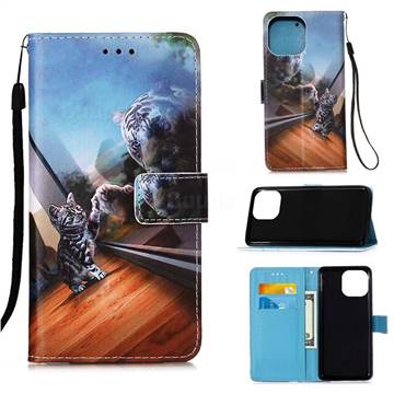 Mirror Cat Matte Leather Wallet Phone Case for iPhone 13 (6.1 inch)