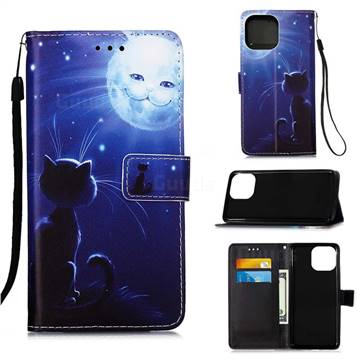 Cat and Moon Matte Leather Wallet Phone Case for iPhone 13 (6.1 inch)