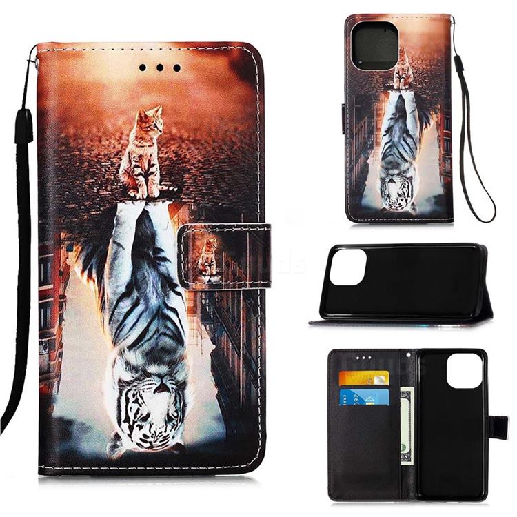 Cat and Tiger Matte Leather Wallet Phone Case for iPhone 13 (6.1 inch)