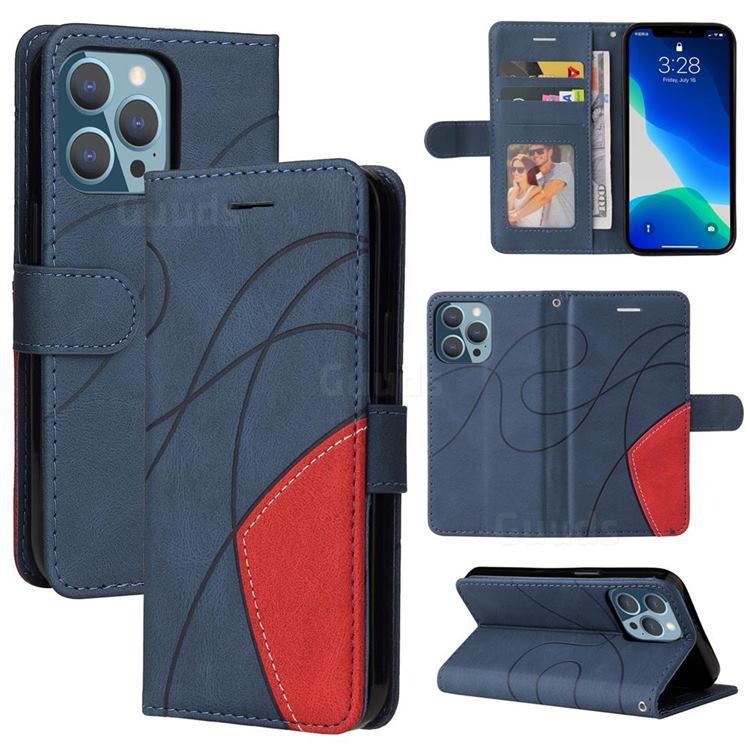 Luxury Two-color Stitching Leather Wallet Case Cover for iPhone 13 (6.1 inch) - Blue